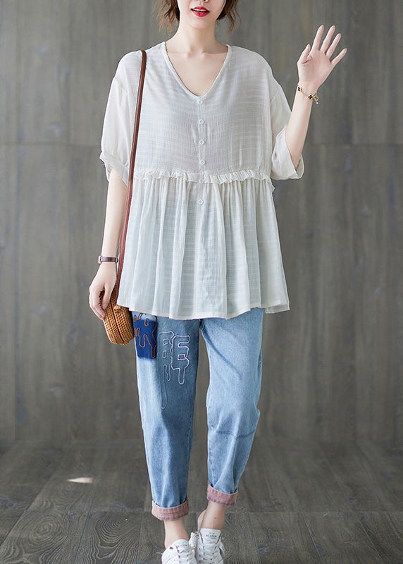 White V Neck Ruffled Tank Tops Short Sleeve