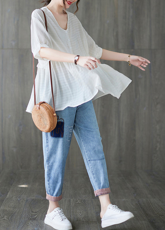 White V Neck Ruffled Tank Tops Short Sleeve