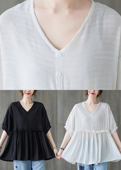 White V Neck Ruffled Tank Tops Short Sleeve
