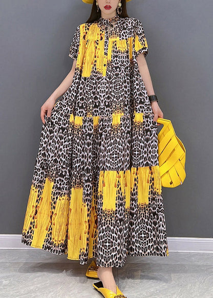 Yellow Print Patchwork Long Dress Short Sleeve