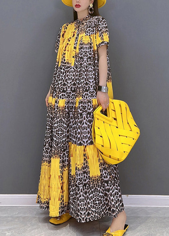 Yellow Print Patchwork Long Dress Short Sleeve
