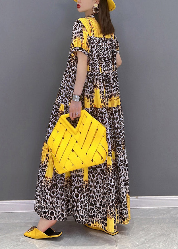 Yellow Print Patchwork Long Dress Short Sleeve