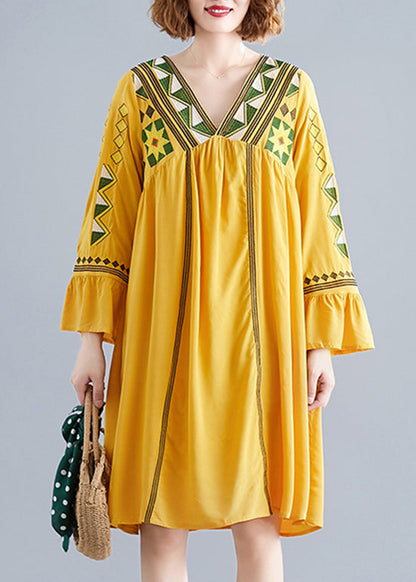 Yellow V Neck a Line Dress Long Sleeve