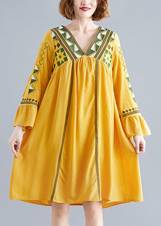 Yellow V Neck a Line Dress Long Sleeve