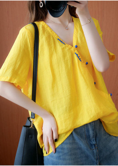 Yellow V Neck Embroideried Cotton Blouses Short Sleeve