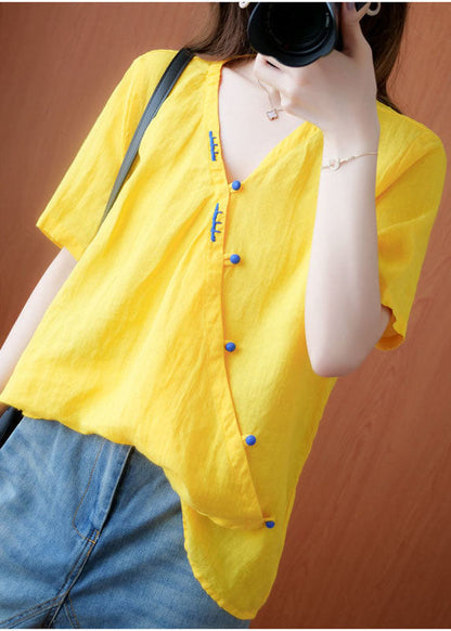 Yellow V Neck Embroideried Cotton Blouses Short Sleeve