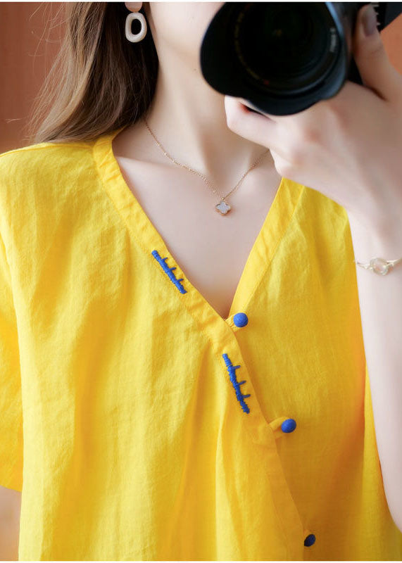 Yellow V Neck Embroideried Cotton Blouses Short Sleeve