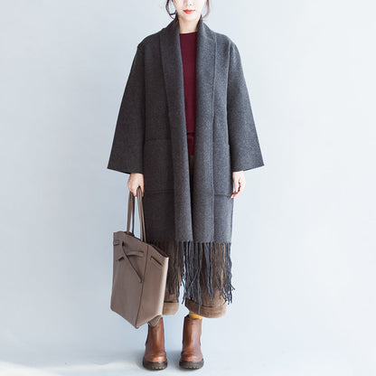Fine Gray Cashmere Coats Tasseled Hem Woolen Jackets Long Cardigans Warm