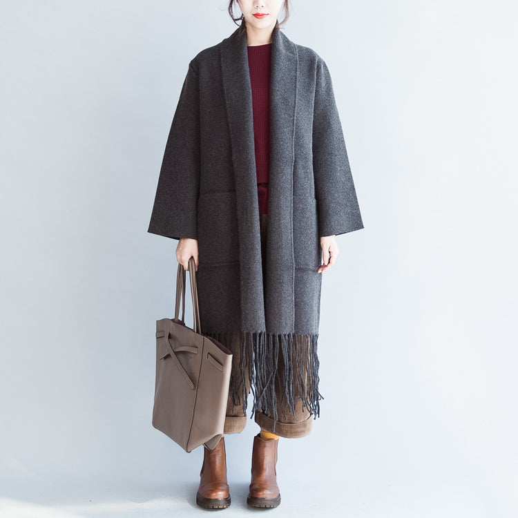 Fine Gray Cashmere Coats Tasseled Hem Woolen Jackets Long Cardigans Warm
