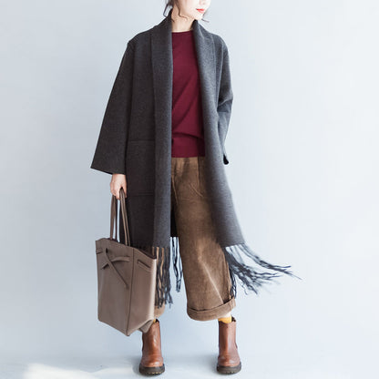 Fine Gray Cashmere Coats Tasseled Hem Woolen Jackets Long Cardigans Warm