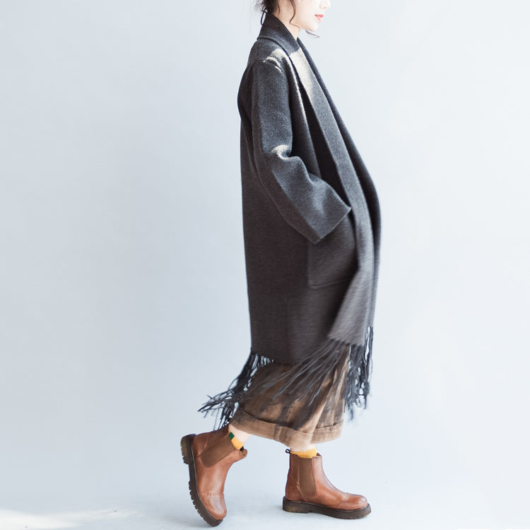 Fine Gray Cashmere Coats Tasseled Hem Woolen Jackets Long Cardigans Warm