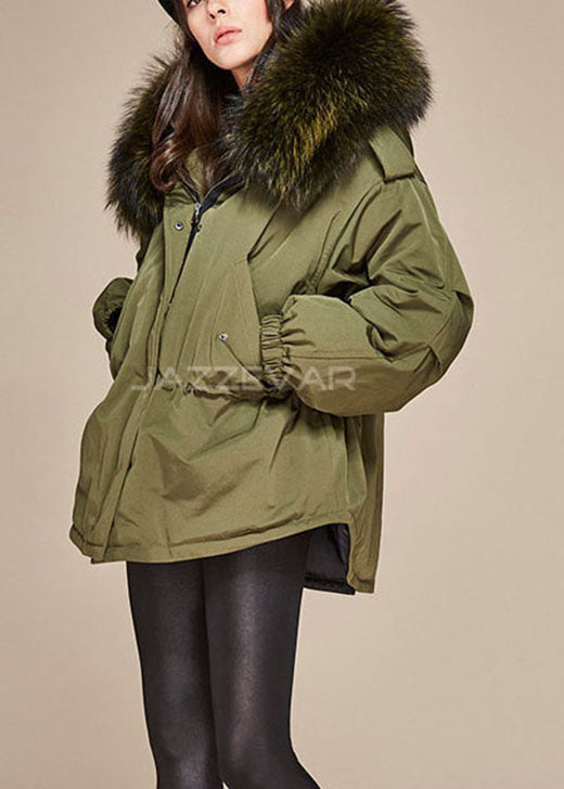 Army Green Hooded Fur Collar Drawstring Winter Cotton Blend Coat