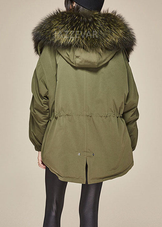Army Green Hooded Fur Collar Drawstring Winter Cotton Blend Coat