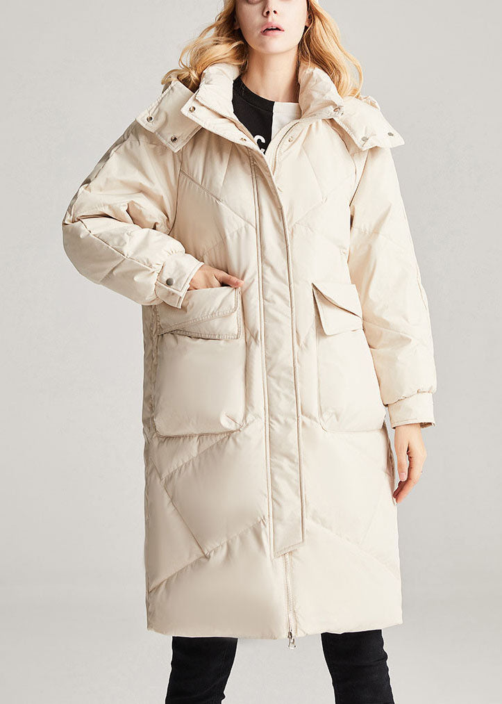 Beige Zippered Pockets Winter Duck Down Jacket