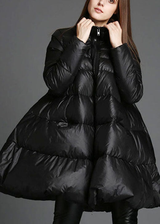 Black Stand Collar Zippered Winter Duck Down Coat