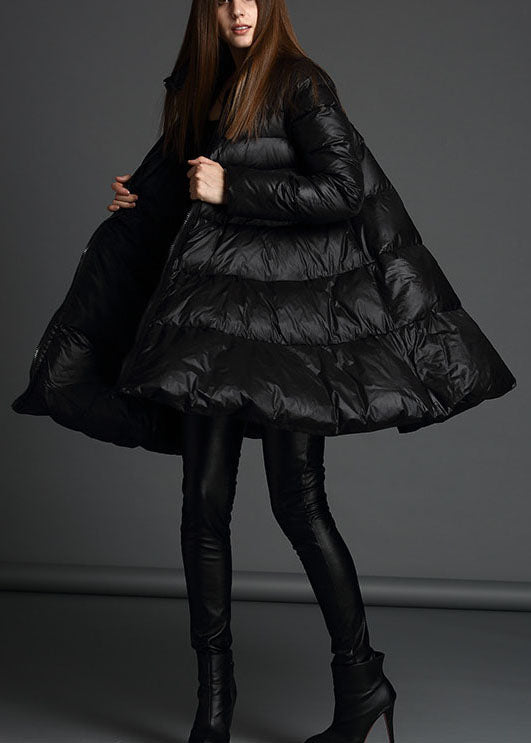 Black Stand Collar Zippered Winter Duck Down Coat