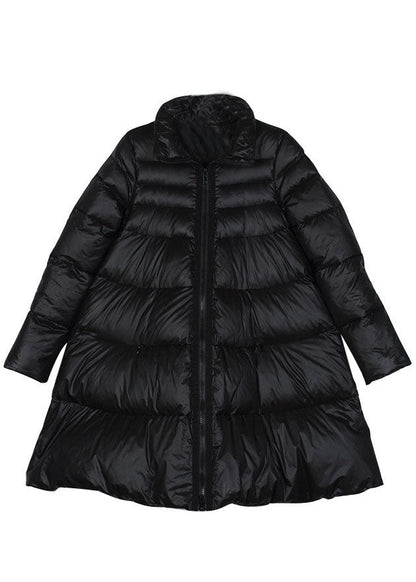Black Stand Collar Zippered Winter Duck Down Coat