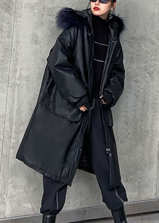 Black Hooded Fur Collar Pockets Thick Winter Cotton Pu S Parka