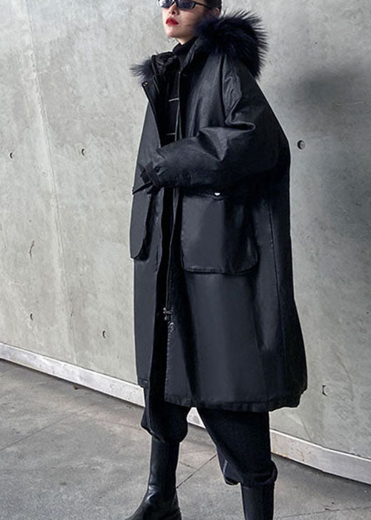 Black Hooded Fur Collar Pockets Thick Winter Cotton Pu S Parka
