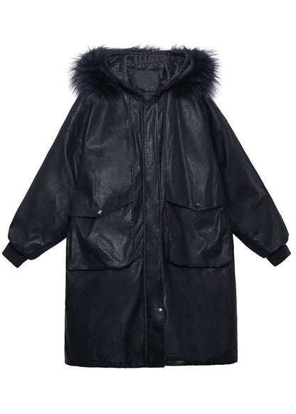 Black Hooded Fur Collar Pockets Thick Winter Cotton Pu S Parka