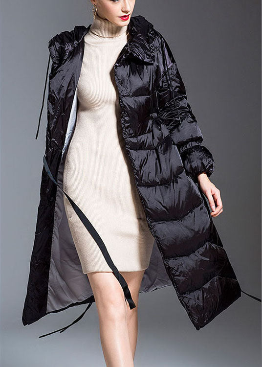 Black Hooded Drawstring Slim Fit Winter Duck Down Coat