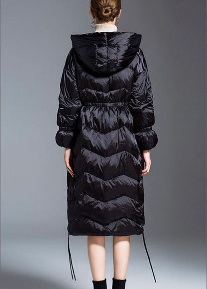 Black Hooded Drawstring Slim Fit Winter Duck Down Coat