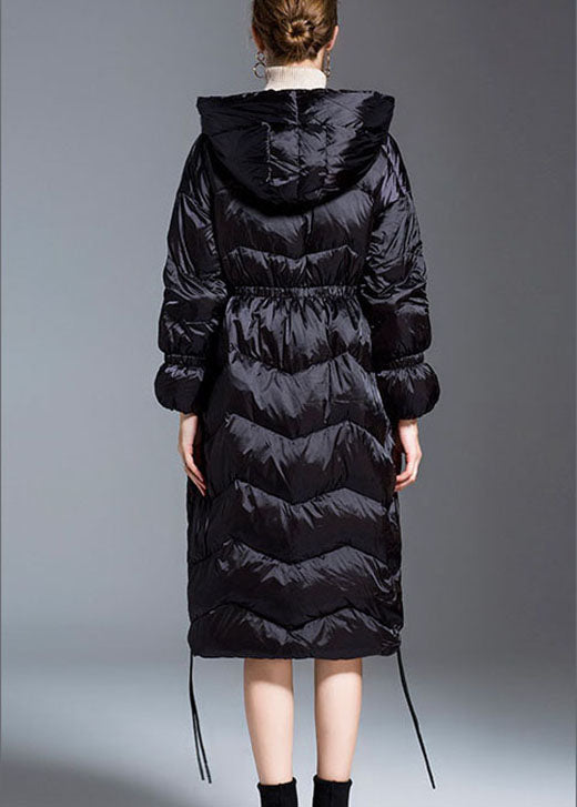 Black Hooded Drawstring Slim Fit Winter Duck Down Coat