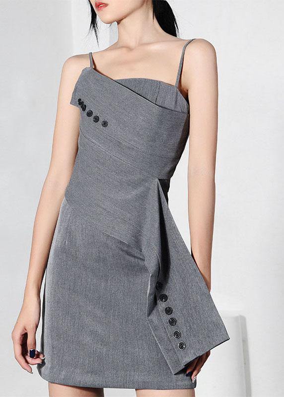 Grey Asymmetrical Design Button Spaghetti Strap Mini Dress