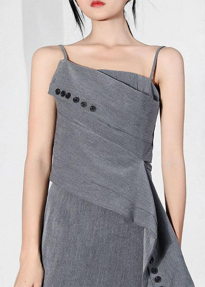 Grey Asymmetrical Design Button Spaghetti Strap Mini Dress