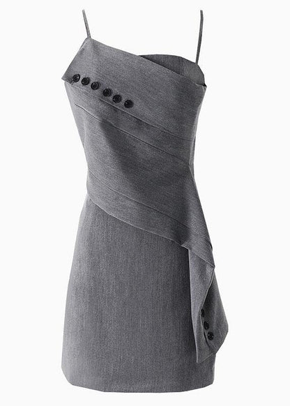 Grey Asymmetrical Design Button Spaghetti Strap Mini Dress