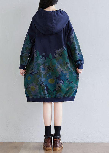 Navy Hooded Pockets Print Side Open Fall Sweatshirts Dress