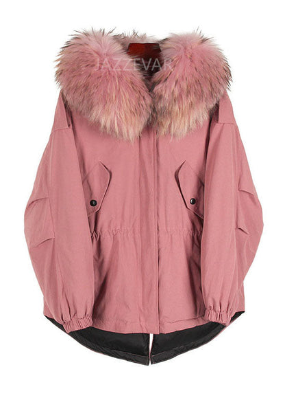 Pink Fur Collar Pockets Zippered Winter Duck Down Puffer Jacket