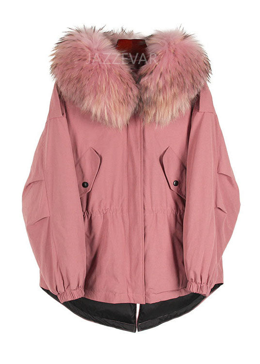 Pink Fur Collar Pockets Zippered Winter Duck Down Puffer Jacket