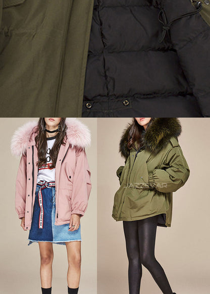 Pink Fur Collar Pockets Zippered Winter Duck Down Puffer Jacket