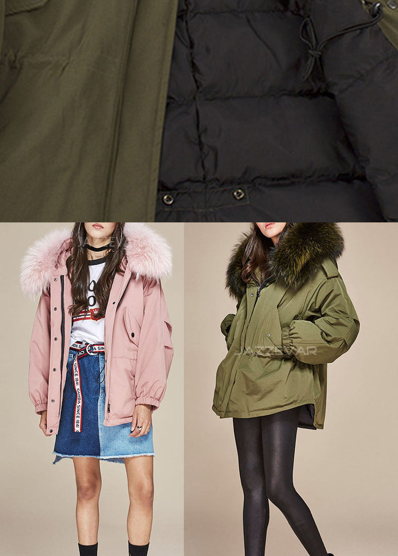 Pink Fur Collar Pockets Zippered Winter Duck Down Puffer Jacket