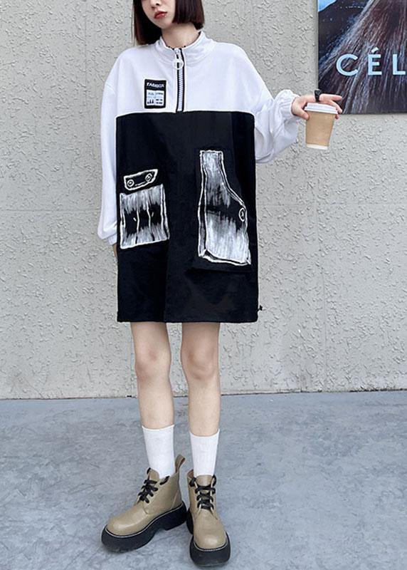 Trendy Pockets Print Patchwork Zippered Fall Sweatshirts Top