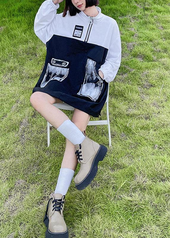 Trendy Pockets Print Patchwork Zippered Fall Sweatshirts Top