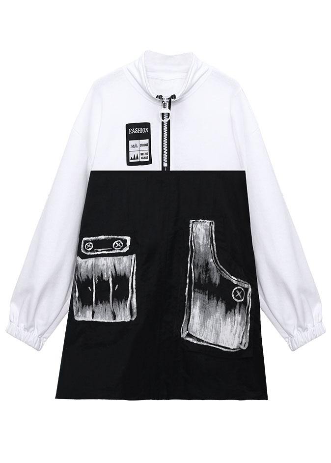 Trendy Pockets Print Patchwork Zippered Fall Sweatshirts Top