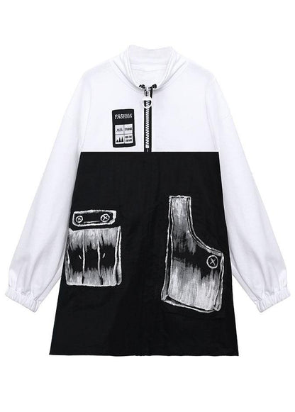 Trendy Pockets Print Patchwork Zippered Fall Sweatshirts Top