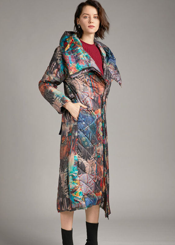 Tie Waist Slim Fit Long Print Winter Duck Down Coat