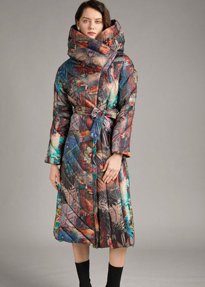 Tie Waist Slim Fit Long Print Winter Duck Down Coat