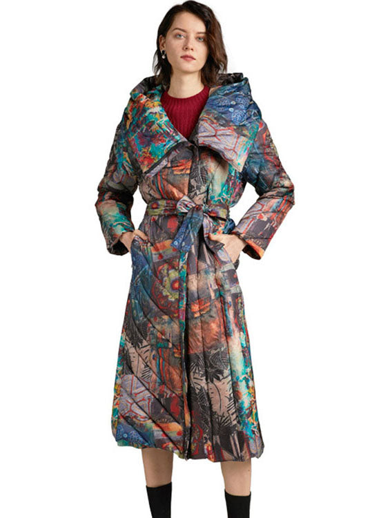 Tie Waist Slim Fit Long Print Winter Duck Down Coat