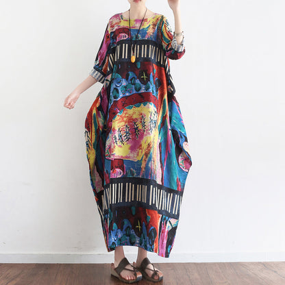 Tropical Element Baggy Linen Dresses Oversize Caftans Gown Style