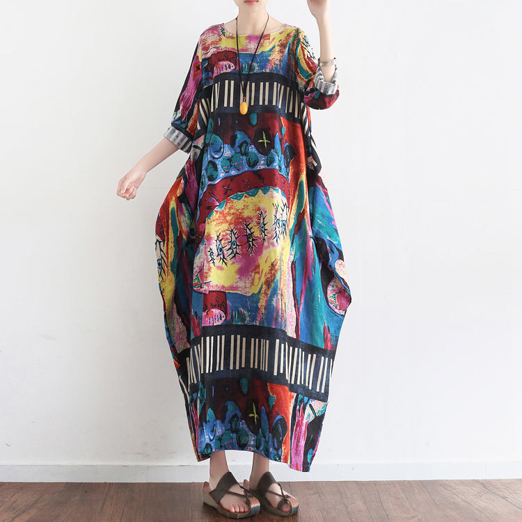 Tropical Element Baggy Linen Dresses Oversize Caftans Gown Style