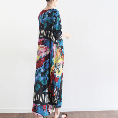 Tropical Element Baggy Linen Dresses Oversize Caftans Gown Style