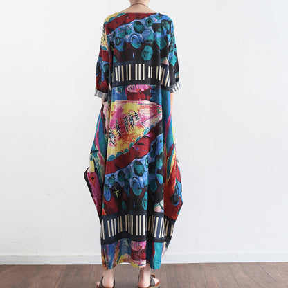 Tropical Element Baggy Linen Dresses Oversize Caftans Gown Style