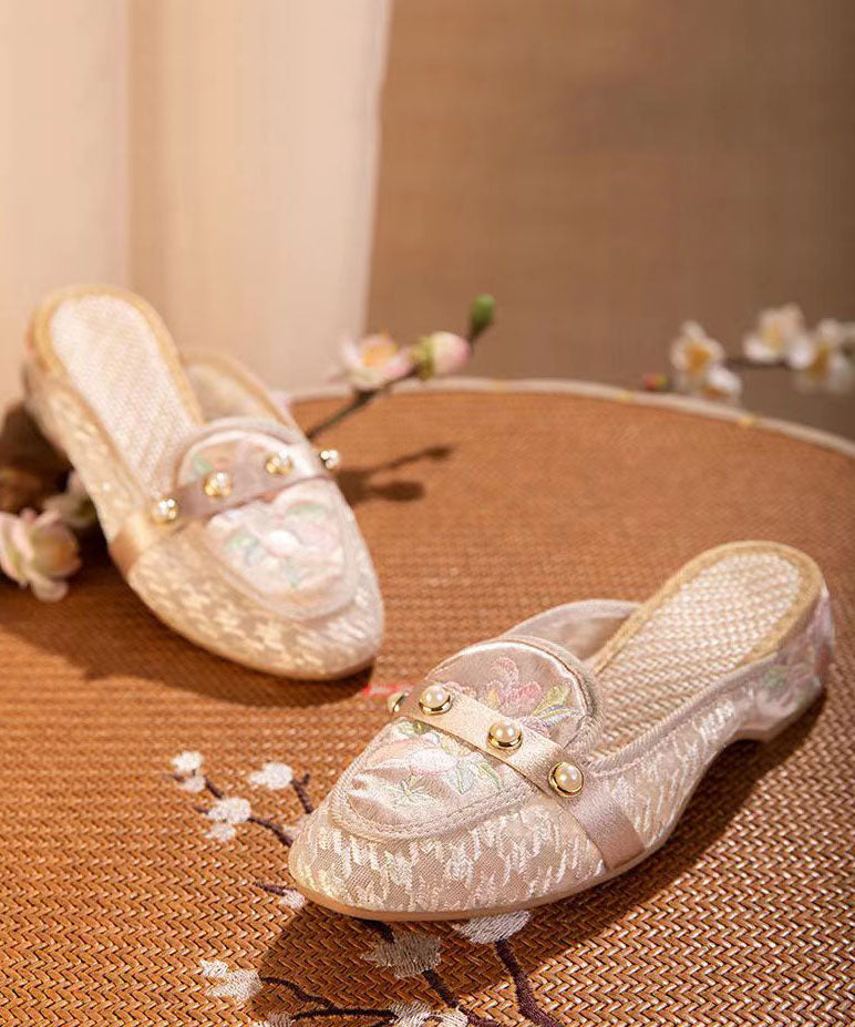 Tulle Embroideried Nail Bead Splicing Pink Slide Sandals