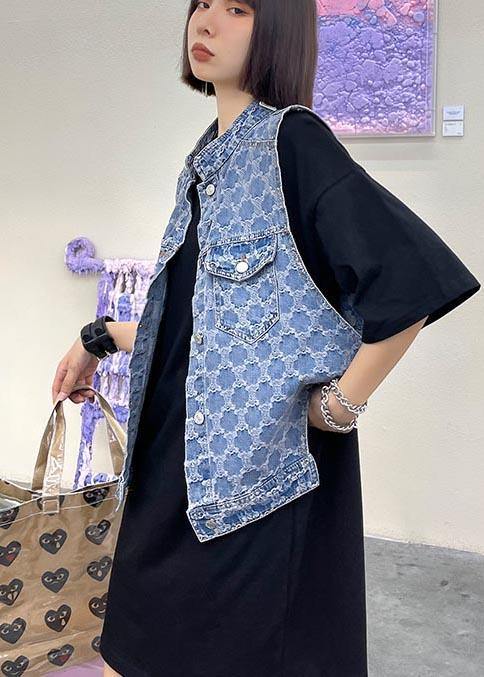 Two Piece Blue Black Denim Vest With Loose and Fashionable Skirt