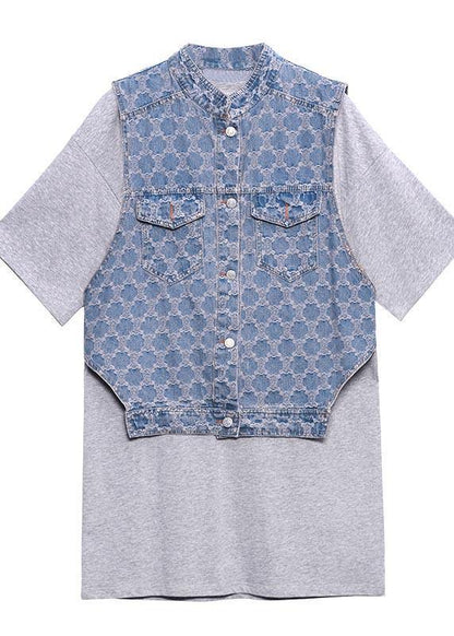 Two Piece Blue Black Denim Vest With Loose and Fashionable Skirt