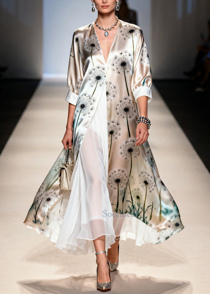 Unique Apricot Dandelion Print Chiffon Fake Two Piece Dress Summer